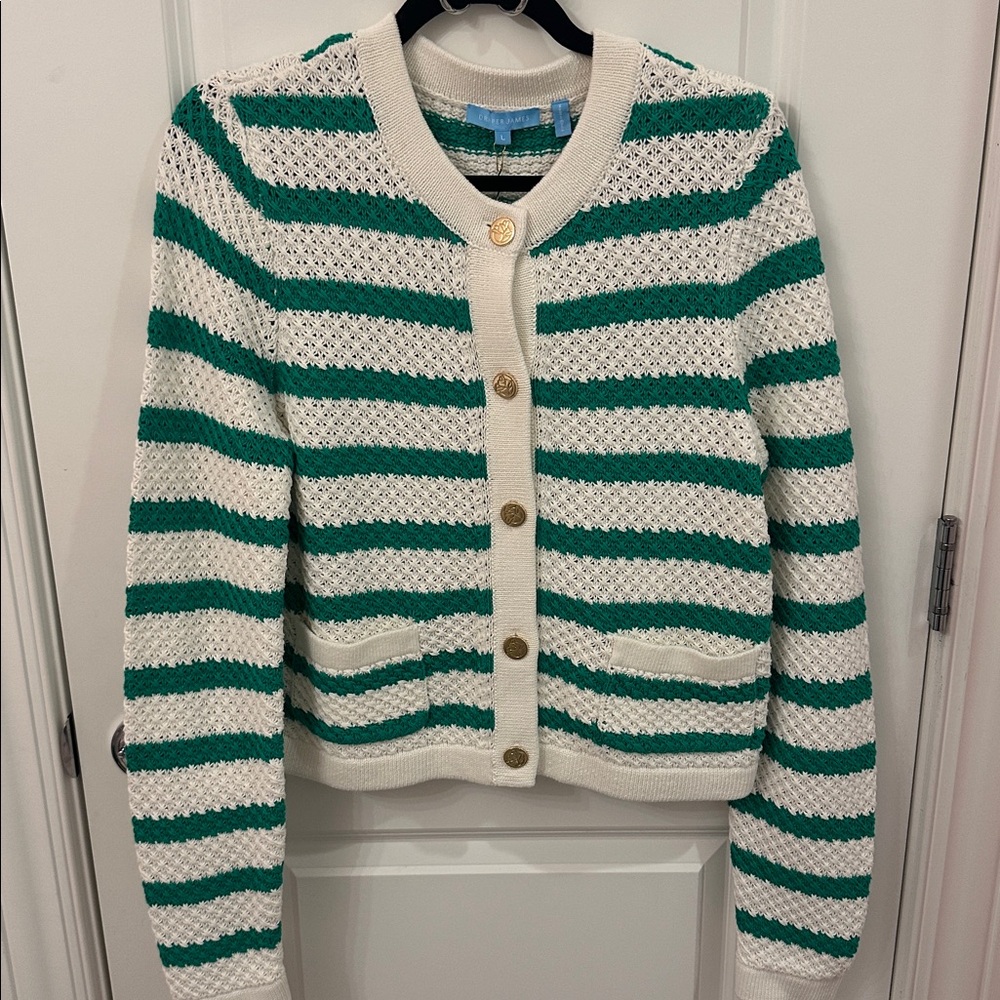 NWT Draper James Rita crewneck green & white striped cardigan size large - Picture 2 of 7